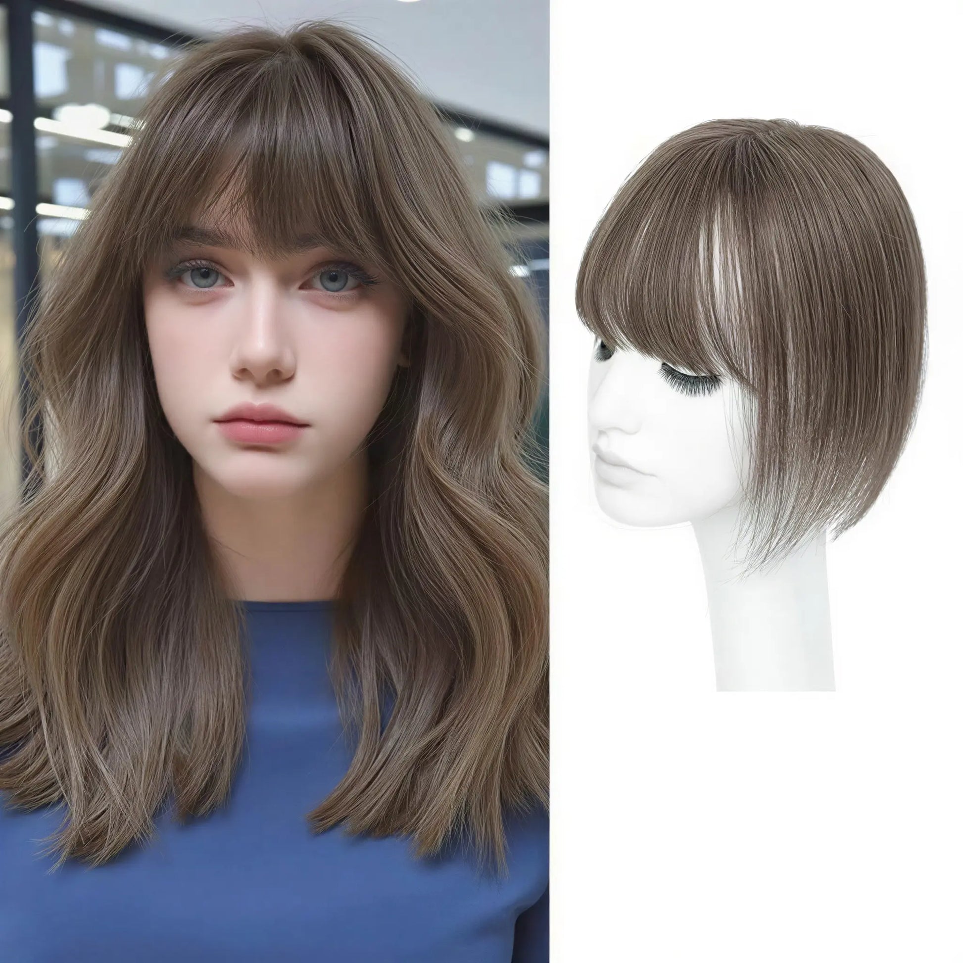 Female 10‑Inch Human‑Hair Hair Topper Featuring Bangs, Built‑On Swiss Net Foundation, Lightweight and Breathable Clip‑In Hair Piece Suitable for Daily‑Life Styling