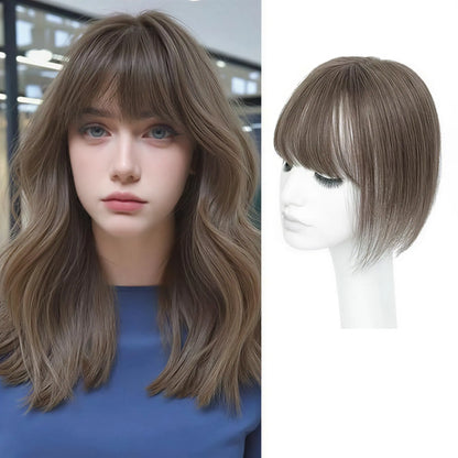 Female 10‑Inch Human‑Hair Hair Topper Featuring Bangs, Built‑On Swiss Net Foundation, Lightweight and Breathable Clip‑In Hair Piece Suitable for Daily‑Life Styling