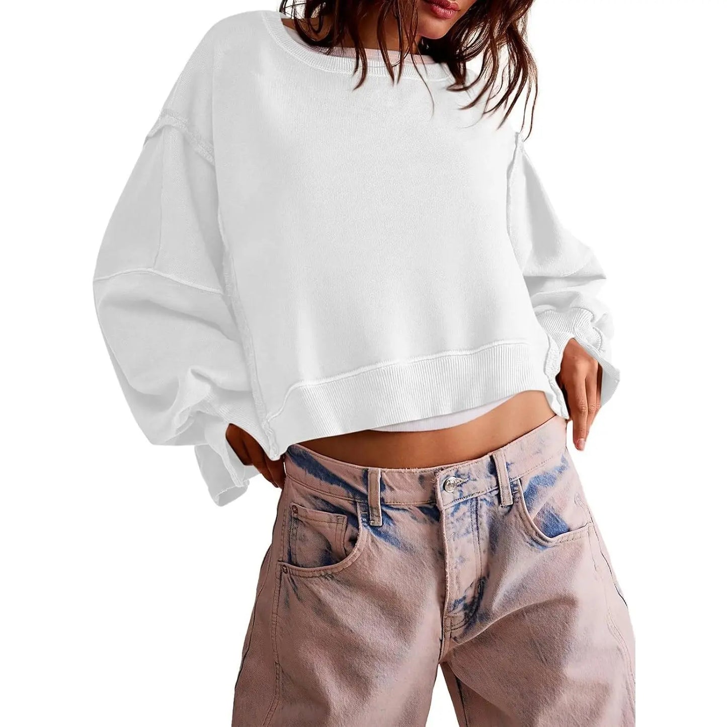 Women's Fall Knit Pullover Sweatshirt - Minimalist Long Sleeve Round Neck Top with Loose Crop Fit and Side Slits