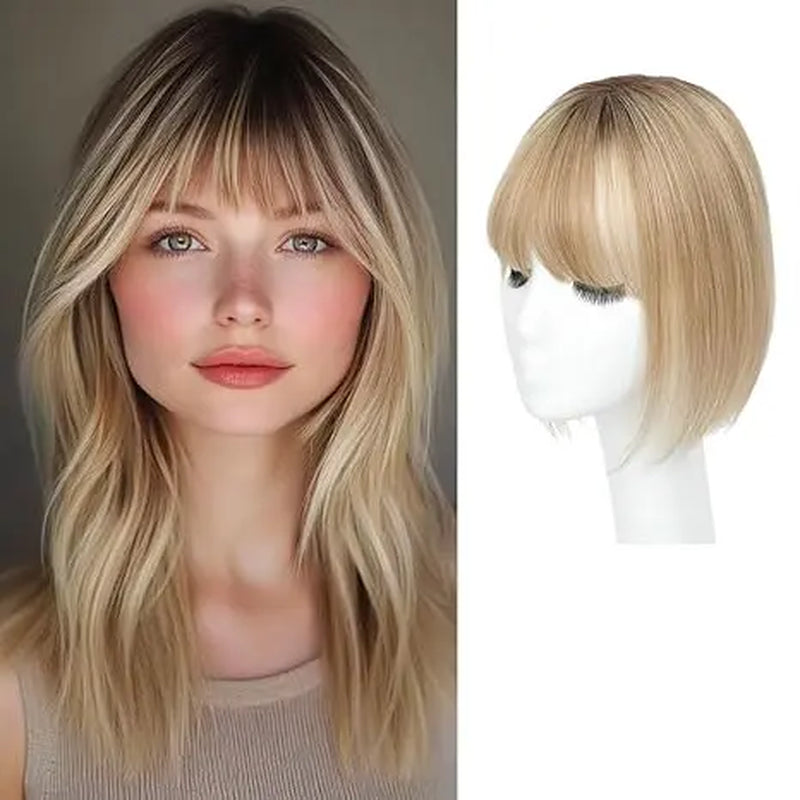Female 10‑Inch Human‑Hair Hair Topper Featuring Bangs, Built‑On Swiss Net Foundation, Lightweight and Breathable Clip‑In Hair Piece Suitable for Daily‑Life Styling
