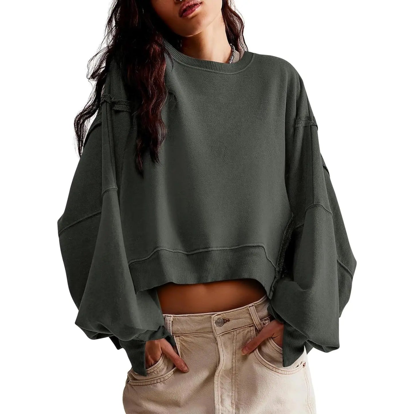 Women's Fall Knit Pullover Sweatshirt - Minimalist Long Sleeve Round Neck Top with Loose Crop Fit and Side Slits