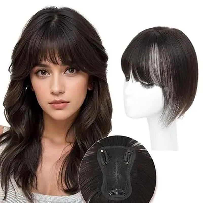 Female 10‑Inch Human‑Hair Hair Topper Featuring Bangs, Built‑On Swiss Net Foundation, Lightweight and Breathable Clip‑In Hair Piece Suitable for Daily‑Life Styling