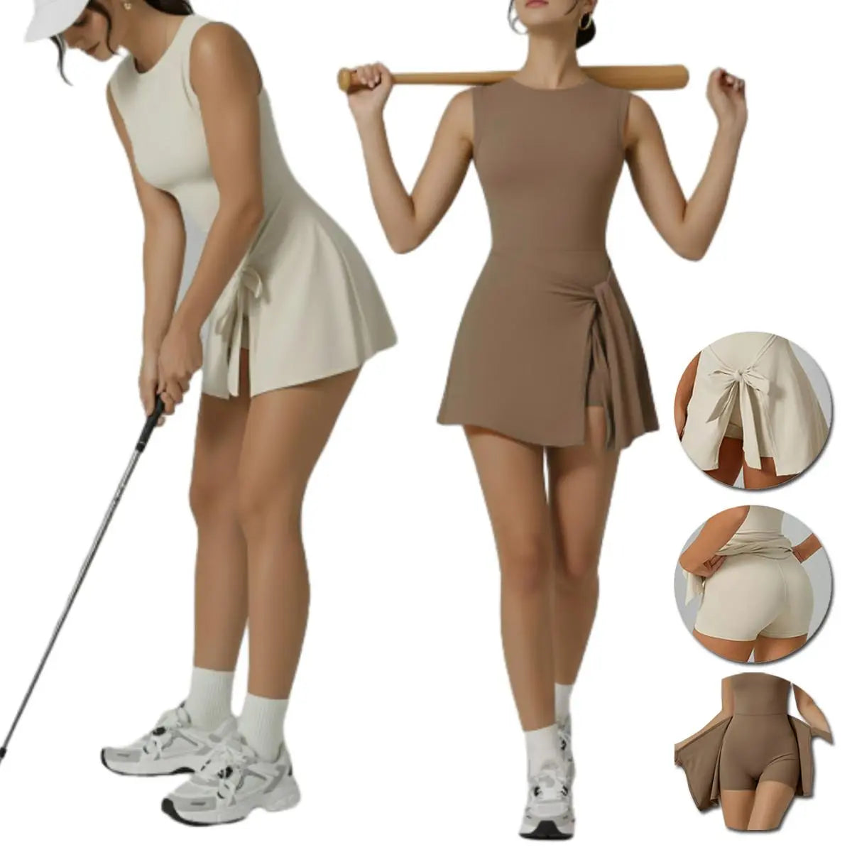 Women'S Tennis Dress with Built-In Shorts, Ruffle Side Slit and Tie Front Design - Sleeveless Athletic Dress for Summer Workouts Exercise Sport