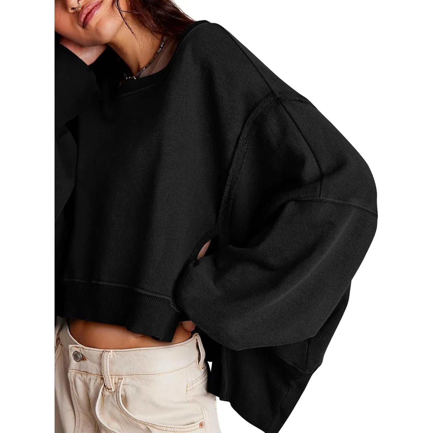 Women's Fall Knit Pullover Sweatshirt - Minimalist Long Sleeve Round Neck Top with Loose Crop Fit and Side Slits