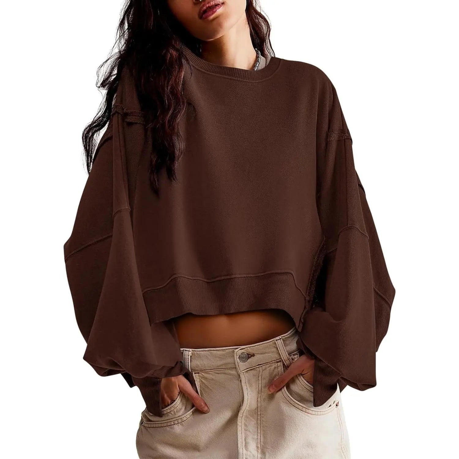 Women's Fall Knit Pullover Sweatshirt - Minimalist Long Sleeve Round Neck Top with Loose Crop Fit and Side Slits