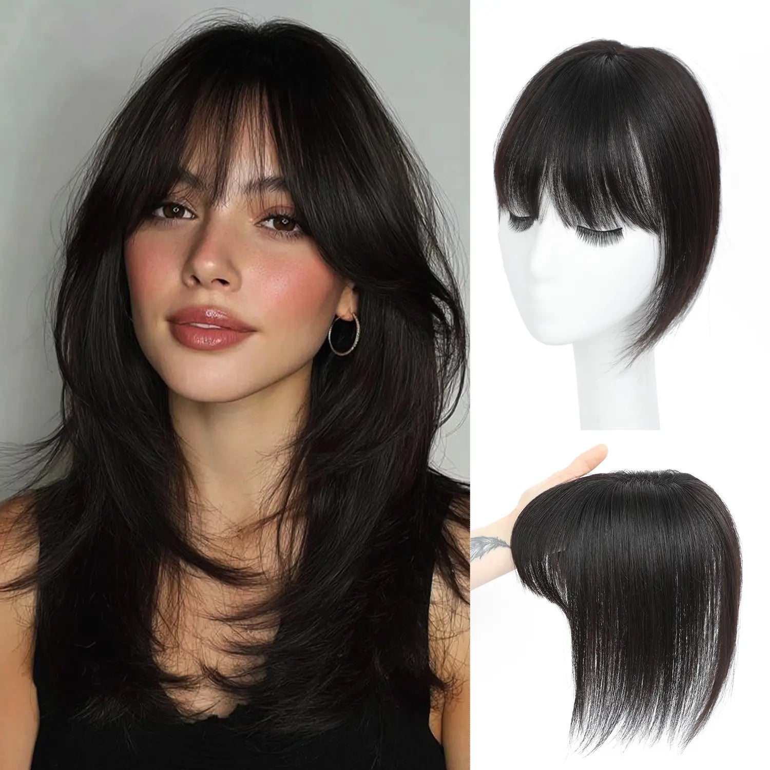 Female 10‑Inch Human‑Hair Hair Topper Featuring Bangs, Built‑On Swiss Net Foundation, Lightweight and Breathable Clip‑In Hair Piece Suitable for Daily‑Life Styling