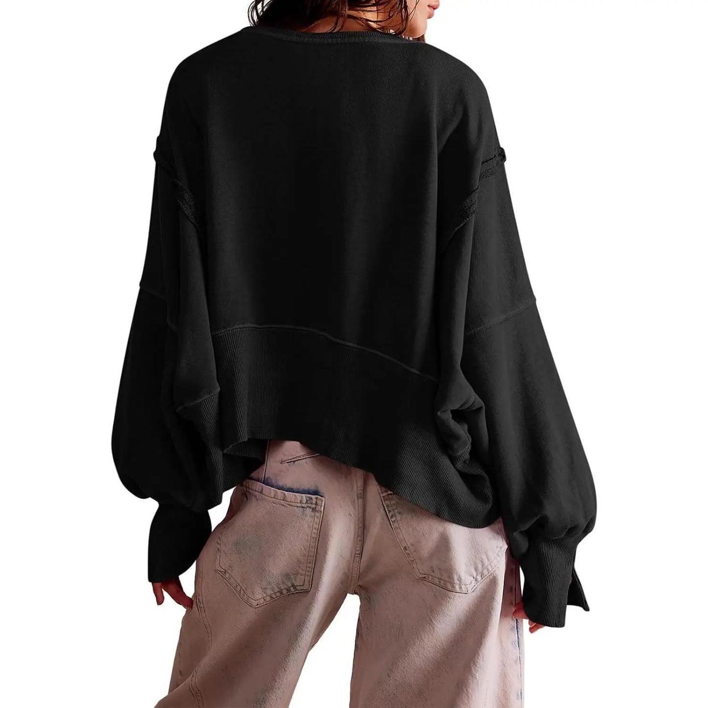 Women's Fall Knit Pullover Sweatshirt - Minimalist Long Sleeve Round Neck Top with Loose Crop Fit and Side Slits