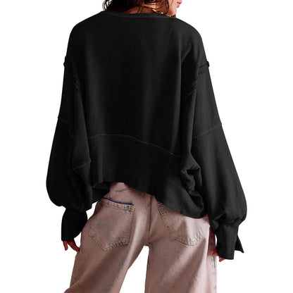 Women's Fall Knit Pullover Sweatshirt - Minimalist Long Sleeve Round Neck Top with Loose Crop Fit and Side Slits