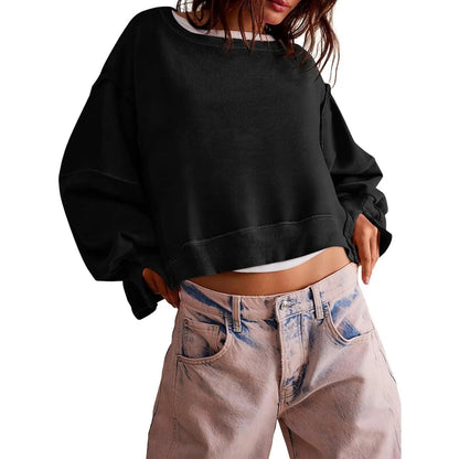 Women's Fall Knit Pullover Sweatshirt - Minimalist Long Sleeve Round Neck Top with Loose Crop Fit and Side Slits