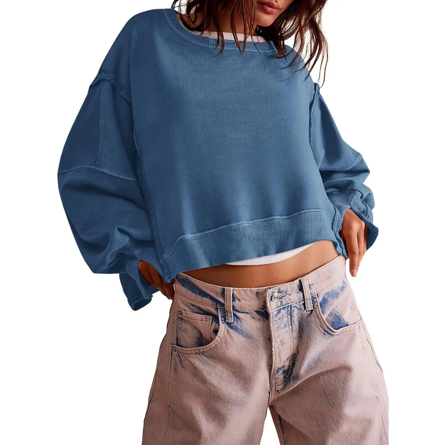 Women's Fall Knit Pullover Sweatshirt - Minimalist Long Sleeve Round Neck Top with Loose Crop Fit and Side Slits