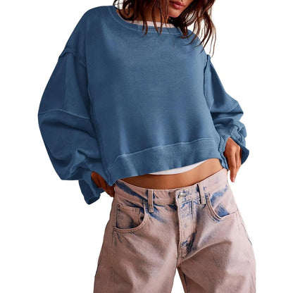 Women's Fall Knit Pullover Sweatshirt - Minimalist Long Sleeve Round Neck Top with Loose Crop Fit and Side Slits