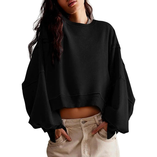 Women's Fall Knit Pullover Sweatshirt - Minimalist Long Sleeve Round Neck Top with Loose Crop Fit and Side Slits