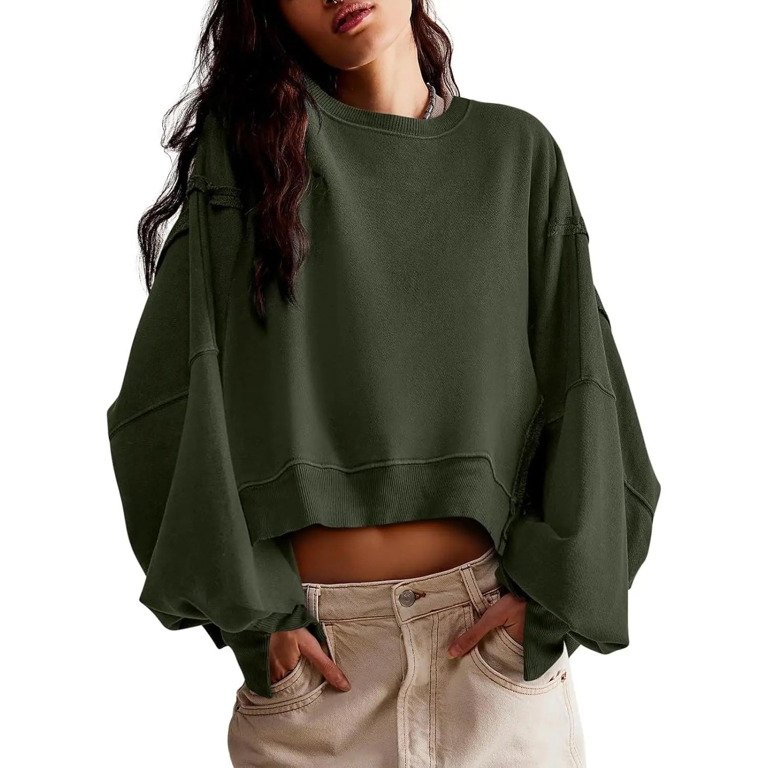 Women's Fall Knit Pullover Sweatshirt - Minimalist Long Sleeve Round Neck Top with Loose Crop Fit and Side Slits
