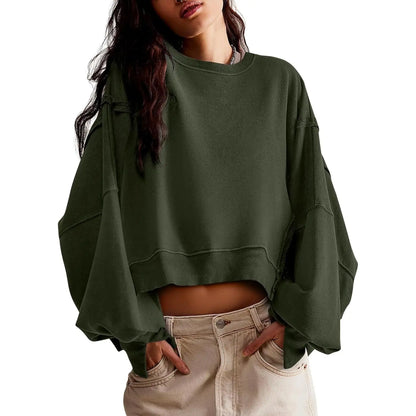 Women's Fall Knit Pullover Sweatshirt - Minimalist Long Sleeve Round Neck Top with Loose Crop Fit and Side Slits