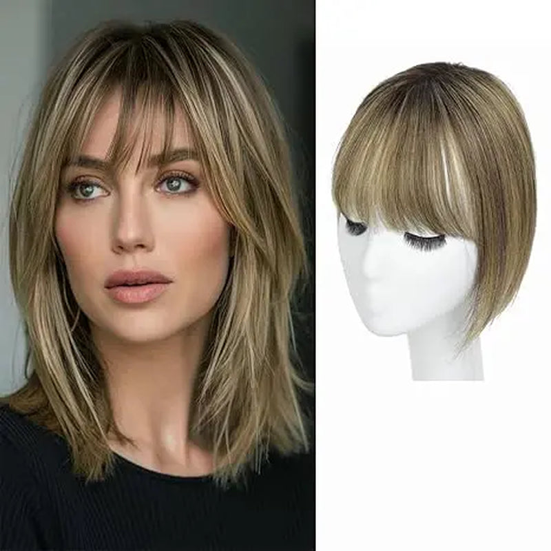 Female 10‑Inch Human‑Hair Hair Topper Featuring Bangs, Built‑On Swiss Net Foundation, Lightweight and Breathable Clip‑In Hair Piece Suitable for Daily‑Life Styling