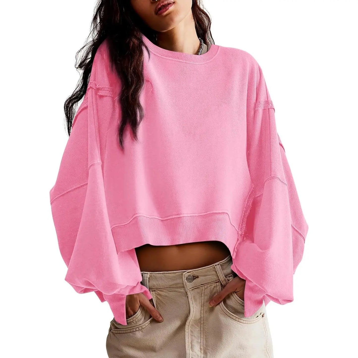 Women's Fall Knit Pullover Sweatshirt - Minimalist Long Sleeve Round Neck Top with Loose Crop Fit and Side Slits
