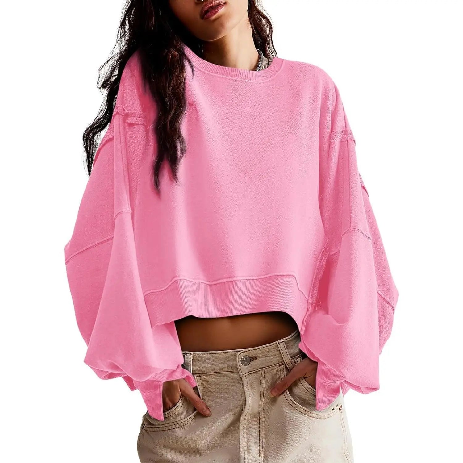 Women's Fall Knit Pullover Sweatshirt - Minimalist Long Sleeve Round Neck Top with Loose Crop Fit and Side Slits