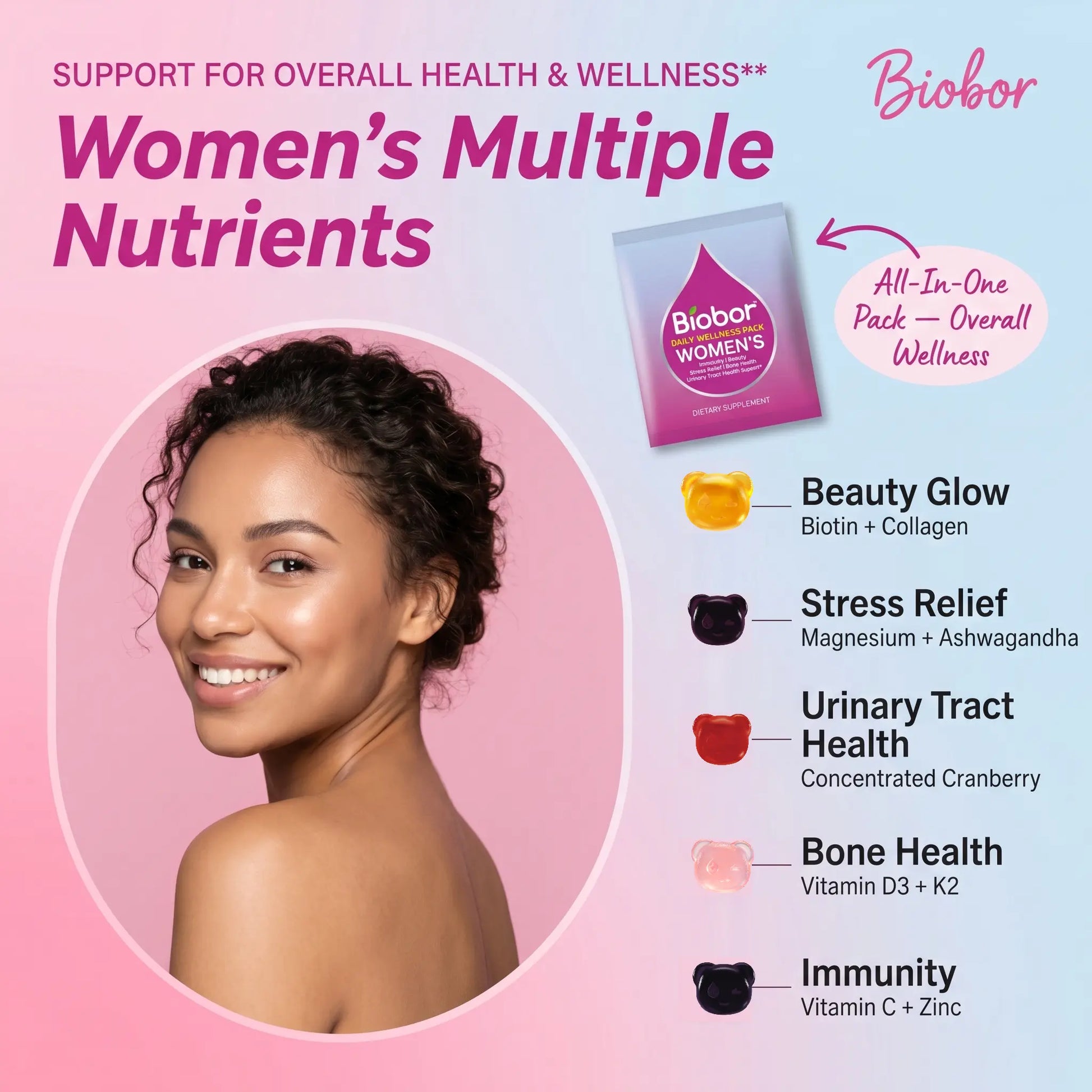 Women’S Daily Nutrition Pack for 30+, 14-Day Gummies Pack with Biotin & Collagen, Magnesium & Ashwagandha, Cranberry Vitamin C, Vitamin D3 K2 | 5-In-1 Beauty, Mood, Immune & Bone Support