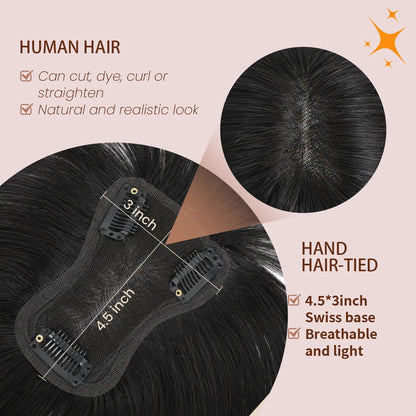 Female 10‑Inch Human‑Hair Hair Topper Featuring Bangs, Built‑On Swiss Net Foundation, Lightweight and Breathable Clip‑In Hair Piece Suitable for Daily‑Life Styling