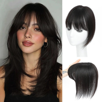 Female 10‑Inch Human‑Hair Hair Topper Featuring Bangs, Built‑On Swiss Net Foundation, Lightweight and Breathable Clip‑In Hair Piece Suitable for Daily‑Life Styling