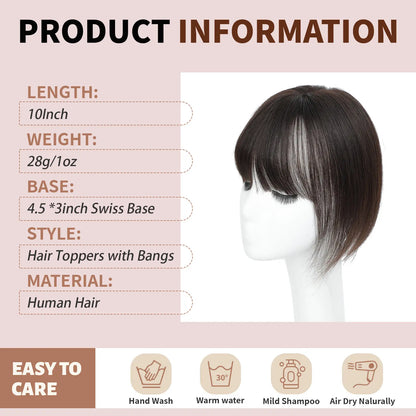 Female 10‑Inch Human‑Hair Hair Topper Featuring Bangs, Built‑On Swiss Net Foundation, Lightweight and Breathable Clip‑In Hair Piece Suitable for Daily‑Life Styling