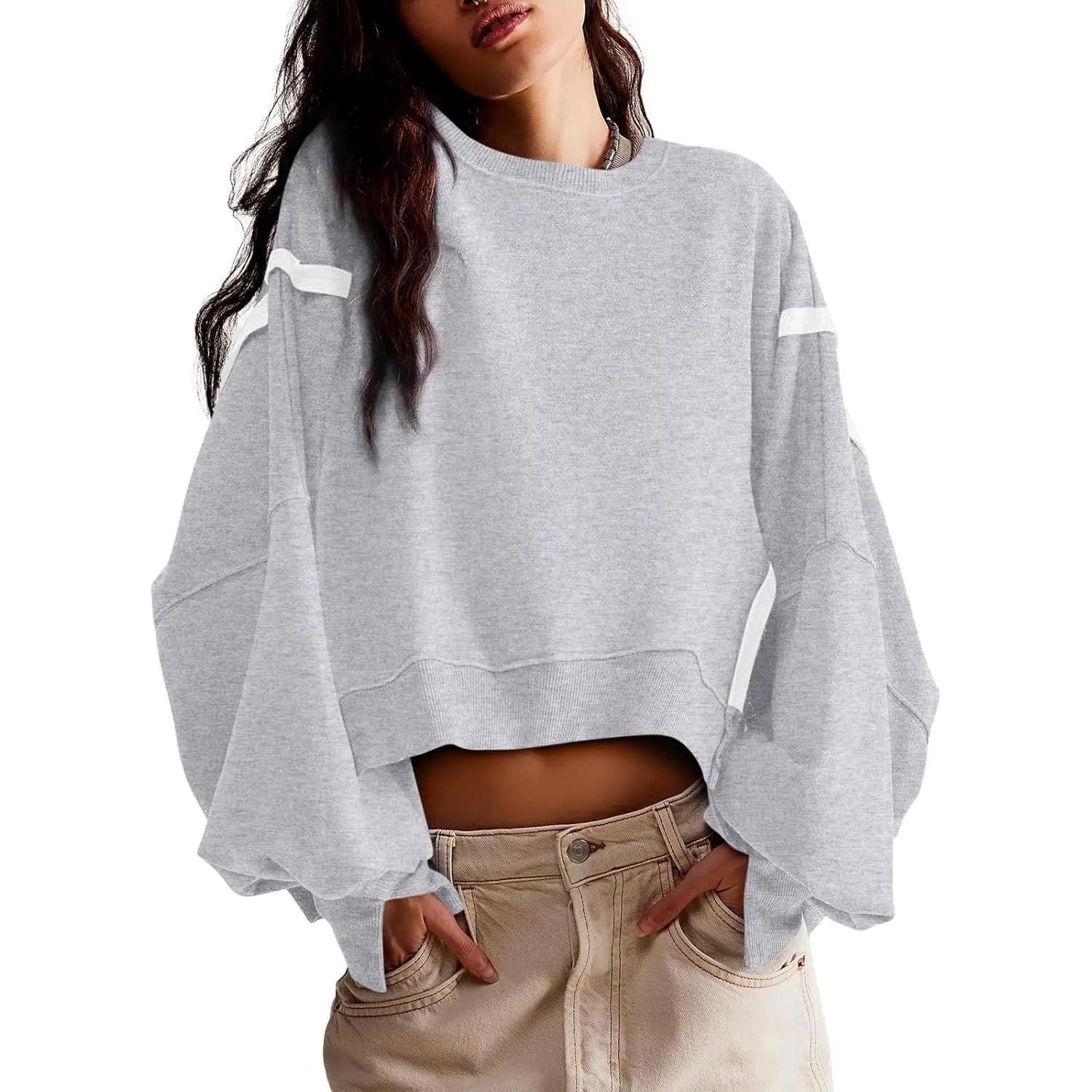 Women's Fall Knit Pullover Sweatshirt - Minimalist Long Sleeve Round Neck Top with Loose Crop Fit and Side Slits