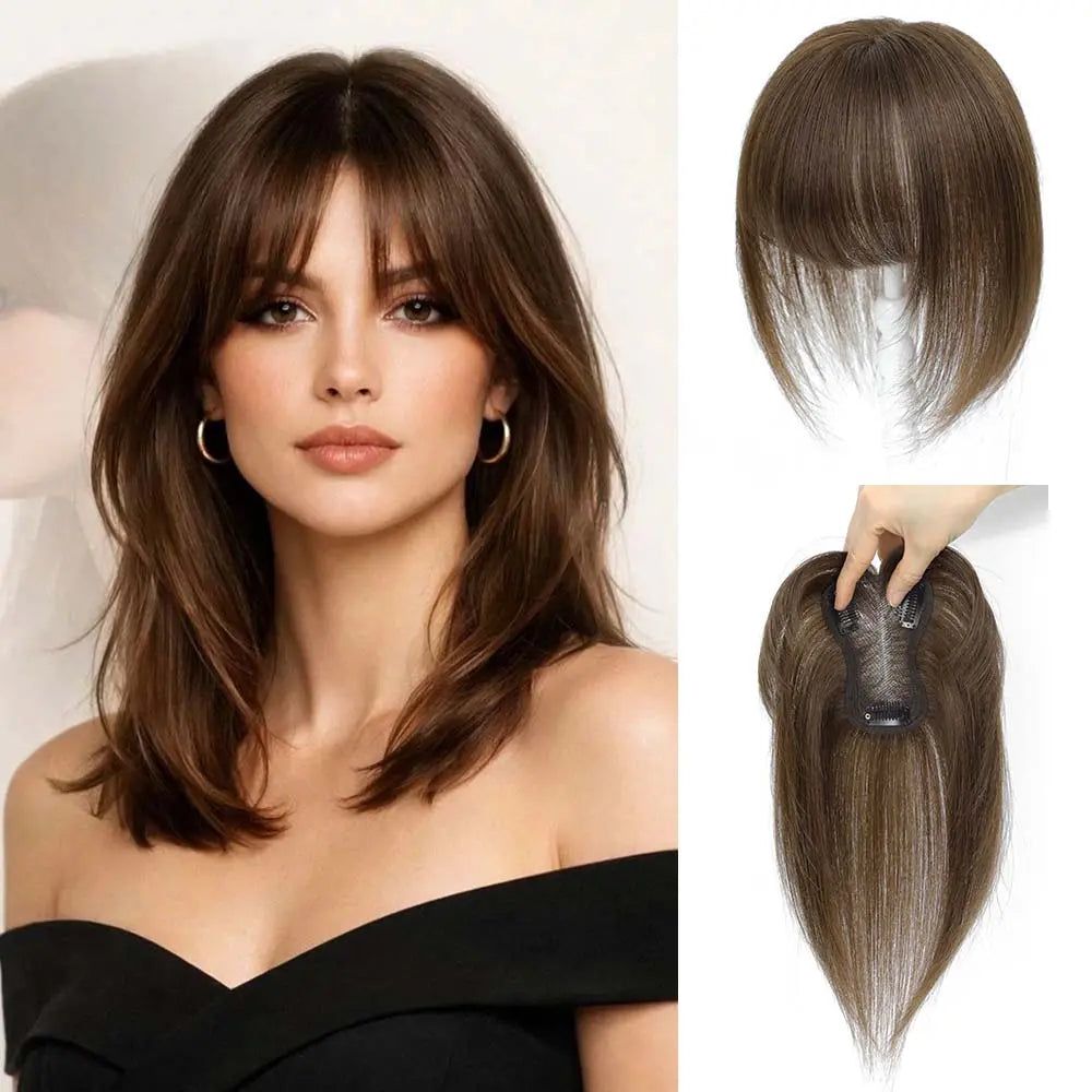 Female 10‑Inch Human‑Hair Hair Topper Featuring Bangs, Built‑On Swiss Net Foundation, Lightweight and Breathable Clip‑In Hair Piece Suitable for Daily‑Life Styling