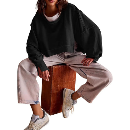 Women's Fall Knit Pullover Sweatshirt - Minimalist Long Sleeve Round Neck Top with Loose Crop Fit and Side Slits