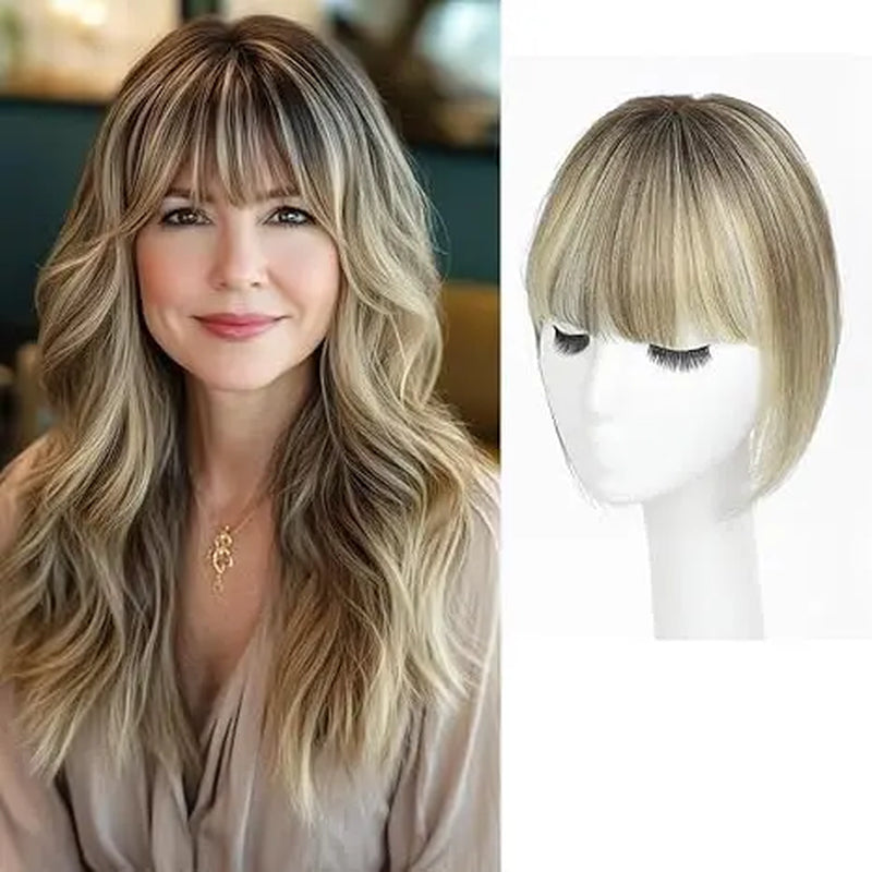 Female 10‑Inch Human‑Hair Hair Topper Featuring Bangs, Built‑On Swiss Net Foundation, Lightweight and Breathable Clip‑In Hair Piece Suitable for Daily‑Life Styling
